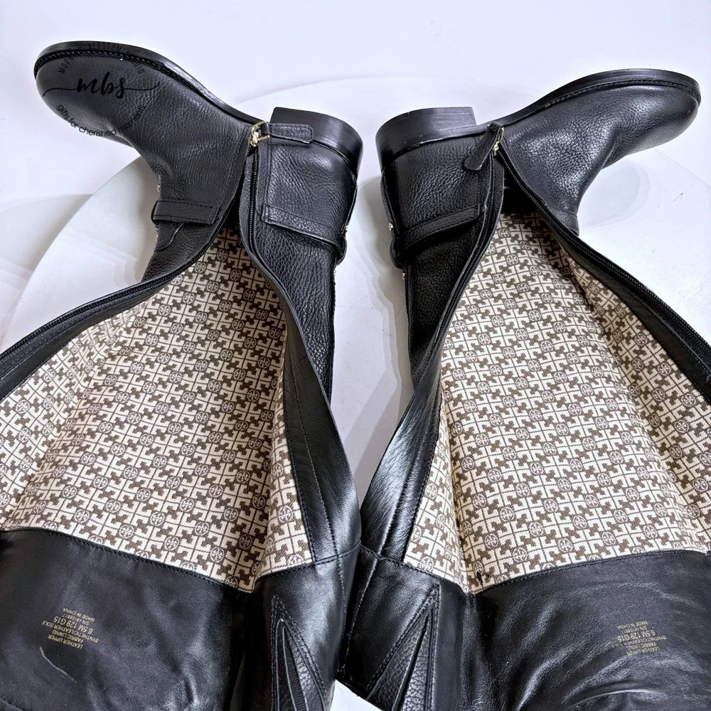 NWOT Tory Burch Thea Riding Boots Equestrian Leather Zip‎ Buckle Black Women 6.5